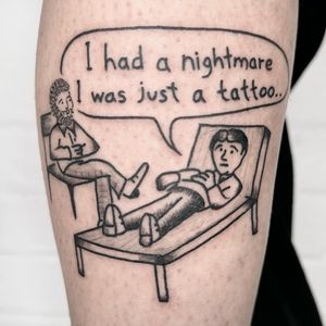 Get a bold and playful illustrative tattoo with a comics twist by the talented artist Woozy Machine. Stand out with unique and edgy ink!
