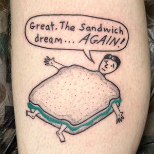 Enjoy an illustrative tattoo of a man from the comics indulging in a delicious sandwich, expertly done by Woozy Machine.