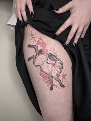 Custom Illustrative  Ink brush leaping hare and red florals on the thigh