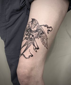 Flash Illustrative dark Ink brush sparrow on the thigh