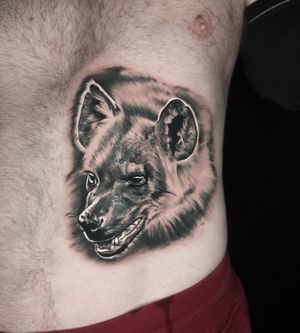 Capture the wild essence of a hyena with this stunning black and gray realism tattoo by the talented artist Craig Hicks.