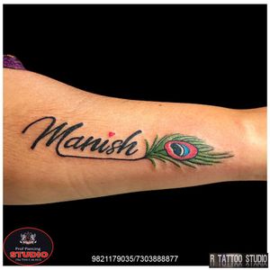Name With Peacock Feather.. #name #peacock #feather #nametattoo #morpankh #morpankhtattoo #peacockfeather #peacockfeathertattoo #manishnametattoo #feathertattoo #love #tattoo #tattooed #tattooing #ink #inked #rtattoo #rtattoos #rtattoostudio #ghatkopar #ghatkoparwest #mumbai #india