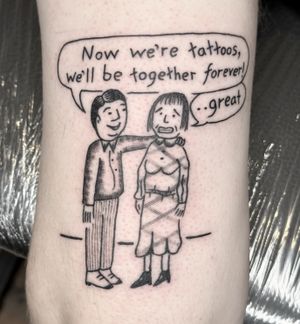 Ignorant illustrative tattoo by Woozy Machine featuring a vibrant comic couple design.