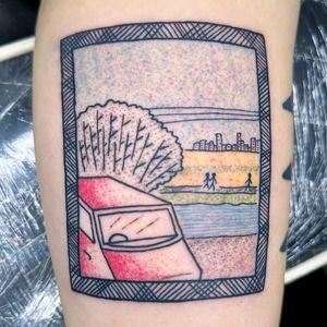 Experience breathtaking landscapes through a window frame in this illustrative tattoo by Woozy Machine. Ignite your wanderlust with this picturesque design.