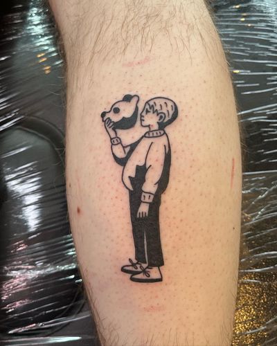 Capture the bond between a bear and a child with this striking blackwork illustrative tattoo by Dave Norman.