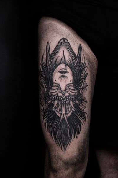 Devil woman on a thigh, done in two sessions.
