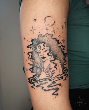 Unique blackwork and dotwork tattoo of Yemanja embracing the moon, beautifully illustrated by AmaaNitaa.