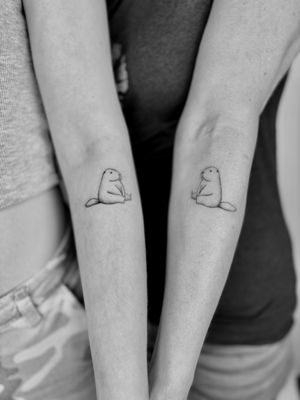 Adorable illustrative tattoo of a beaver by Ruth Hall, showcasing a delicate and cute design.
