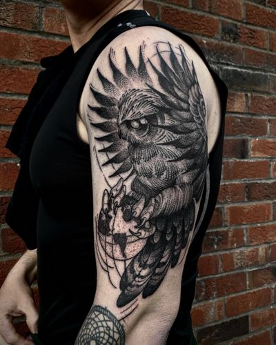 Get mesmerized by this intricate blackwork and dotwork owl tattoo design, expertly crafted by Lamat. A symbol of wisdom and mystery.