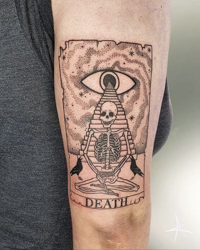 Unique dotwork style tattoo featuring a death tarot card motif, created by the talented AmaaNitaa.