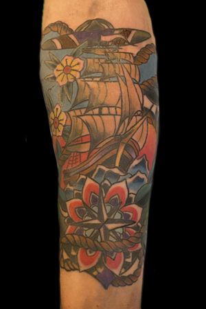 Colour Neo traditional ship on inner forearm 