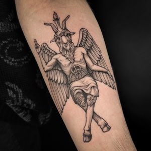 Unique dotwork and illustrative style tattoo of baphomet by talented artist Jenny Dubet