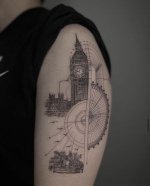 Admire the intricate details of Big Ben in this black and gray illustrative design by Kayla. A mesmerizing piece showcasing the iconic London landmark in a unique spiral pattern.