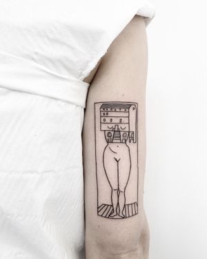 Unique illustrative tattoo by Malvina Maria Wisniewska, featuring a woman in a house-shaped frame.