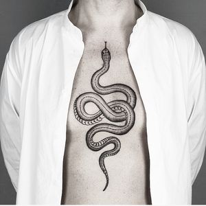 Experience the mesmerizing allure of a snake tattoo with fine illustrative details by renowned artist Malvina Maria Wisniewska.