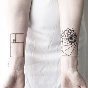 Unique chicano tattoo by Malvina Maria Wisniewska, featuring fine line and geometric elements inspired by the golden ratio and fibonacci spiral.