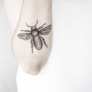 Intricate dotwork bee tattoo, handcrafted by Malvina Maria Wisniewska, combining illustrative elements for a unique and stunning design.