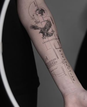 Experience the beauty of earth and freedom of an eagle in this fine line and illustrative black and gray tattoo by Kayla.