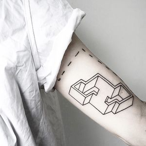 Elegant fine line tattoo by Malvina Maria Wisniewska, featuring geometric shapes for a sleek and modern look.