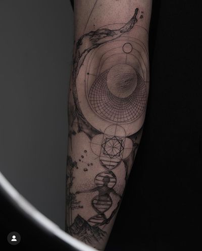 Explore the cosmos with this intricate black and gray tattoo featuring a planet, DNA strand, and person in a sleek wireframe design by artist Kayla.