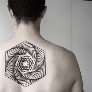 Discover the intricate beauty of Malvina Maria Wisniewska's fine line geometric pattern tattoo. A stunning mix of precision and style.