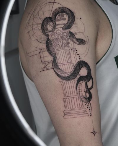 Intricate black and gray fine line design by Kayla featuring a snake intertwined with architectural column. Unique and visually striking.