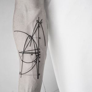 Explore the beauty of math with this fine line geometric tattoo by Malvina Maria Wisniewska. Perfect for math lovers and those who appreciate precision art.