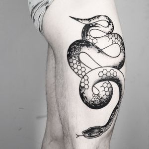 Get mesmerized by Malvina Maria Wisniewska's blackwork snake design with intricate geometric patterns. A unique and eye-catching piece for your collection.