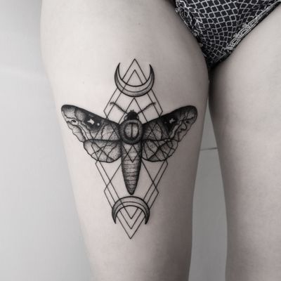 Embrace the beauty of the night with this stunning dotwork and geometric design by Malvina Maria Wisniewska, featuring a moon and moth motif.