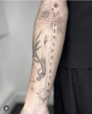 Experience a unique blend of geometric shapes, dotwork technique, and fine line lettering in this mesmerizing tattoo by Kayla.