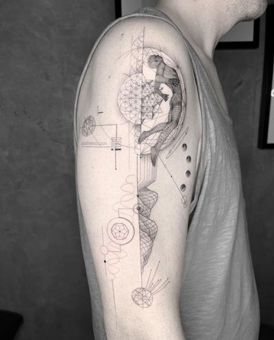 Fine line and illustrative tattoo by Kayla featuring a geometric wireframe person design.