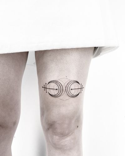Elegant fine line geometric moon tattoo by Malvina Maria Wisniewska. Perfect for celestial lovers.