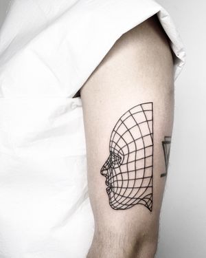 Fine line tattoo by Malvina Maria Wisniewska featuring a striking geometric wireframe design of a face.