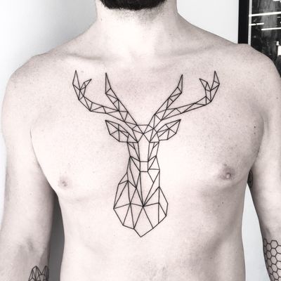 Intricate and elegant fine line geometric tattoo of a deer buck, beautifully designed by Malvina Maria Wisniewska.