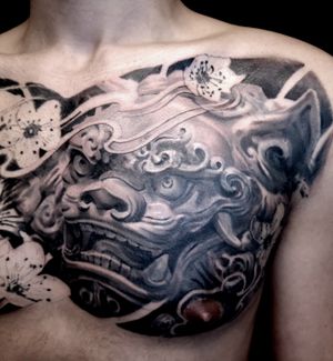 This is a Fu Dog, half of a full chest in progress#black&grey #realism #largepiece #chesttattoo #tattoodesign #japaneserealism