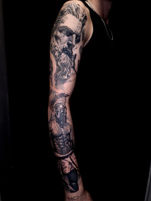 This is a work in progress, a black and grey sleeve inspired by Greek mythology. The upper arm is healed #tattoo #tattoosleeve #zeus #black&grey #godofwar #ares #realism #fullsleeve #ink