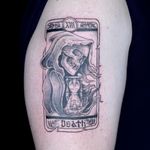 Embrace the mystique with this blackwork and dotwork tattoo featuring a death tarot card motif. Expertly done by the talented Kat Jennings.