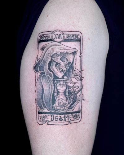Embrace the mystique with this blackwork and dotwork tattoo featuring a death tarot card motif. Expertly done by the talented Kat Jennings.