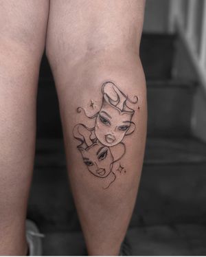 Experience the artistry of Maddie through this stunning illustrative dotwork tattoo of a theatric mask. Perfect for drama lovers!