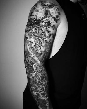 Full sleeve realism dove, angel and cross tattoo#Realism