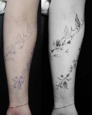 Freehand flowers and leaves tattoo on forearm#Fineline #Floral