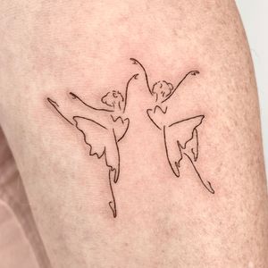 Elegant fine line and illustrative style tattoo of a ballerina, showcasing Gee's artistic talent and attention to detail.