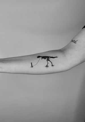 Get inked with a badass blackwork dinosaur cowboy tattoo by Ruth Hall. A unique and fierce illustrative design.