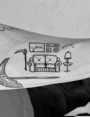 Unique illustrative tattoo by Saka Tattoo featuring a reaper, couch, lamp, and room elements. Ignorant style.