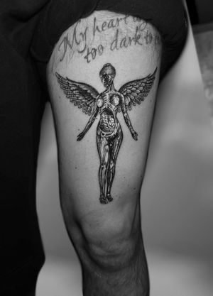 Illustrative black and gray tattoo by Gabriele Lacerenza, capturing the essence of Nirvana's iconic album.