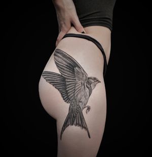 This black and gray swallow tattoo by Kateryna Goshchanska features a beautifully detailed illustration of a bird in flight.