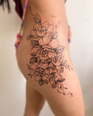 Beautifully detailed illustrative flower tattoo designed by the talented artist Gabriela.
