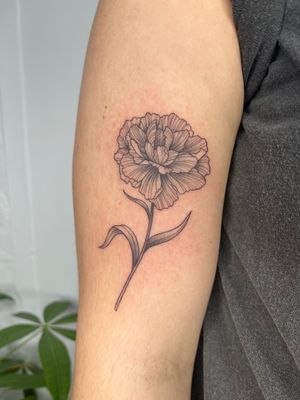Elegant fine line and illustrative flower tattoo showcasing Michelle Harrison's talent in detailed and delicate designs.