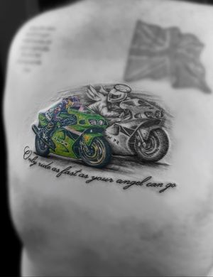 Ride in style with this unique bike tattoo by Gabriele Lacerenza. Detailed and dynamic, perfect for motorcycle enthusiasts.