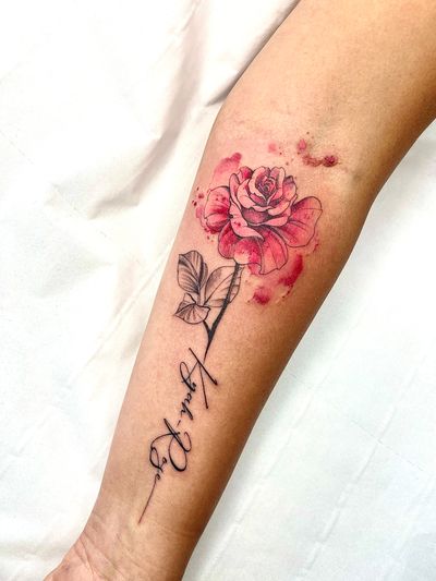 Get a stunning illustrative watercolor rose tattoo by the talented artist Beyza Taser. Perfect for adding a touch of elegance and beauty to your body.